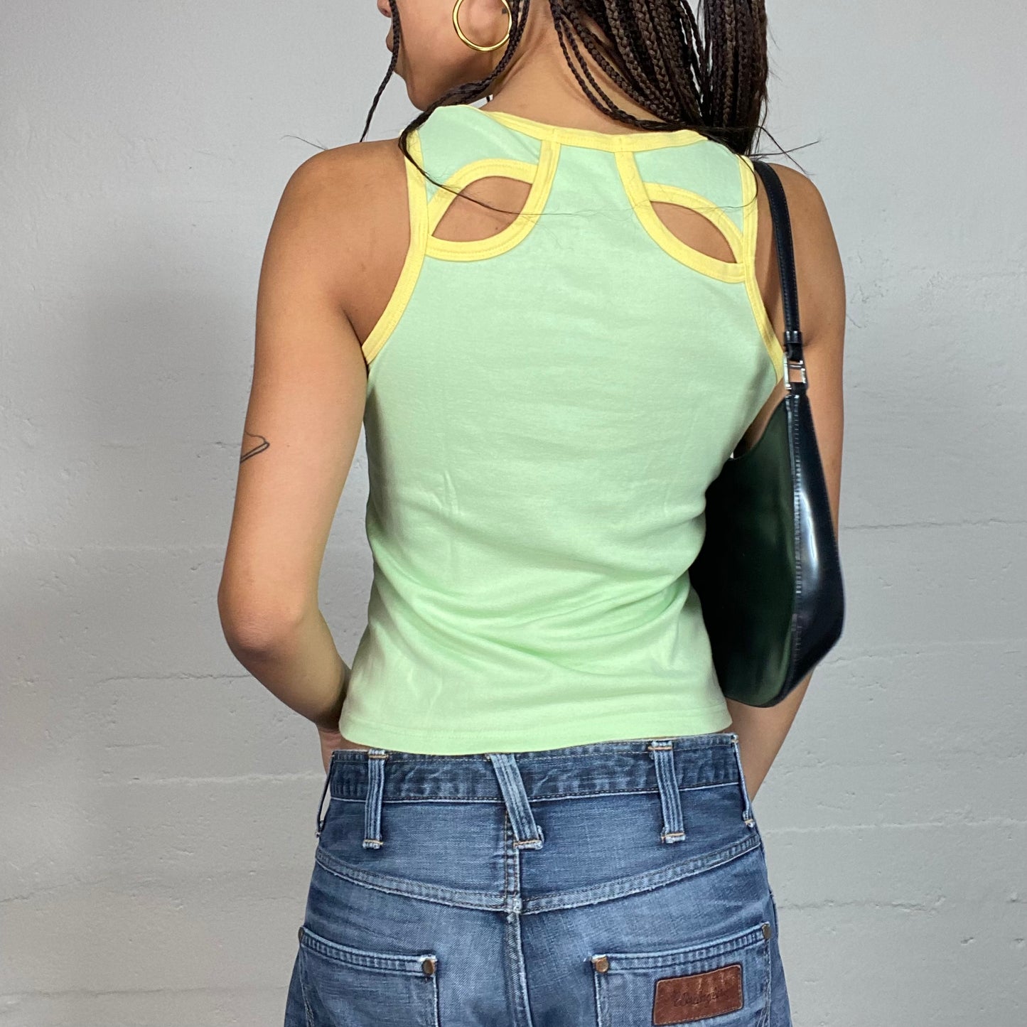 Vintage 2000's Sporty Green Top with Yellow Trim and Motorbike Print (S/M) mol o