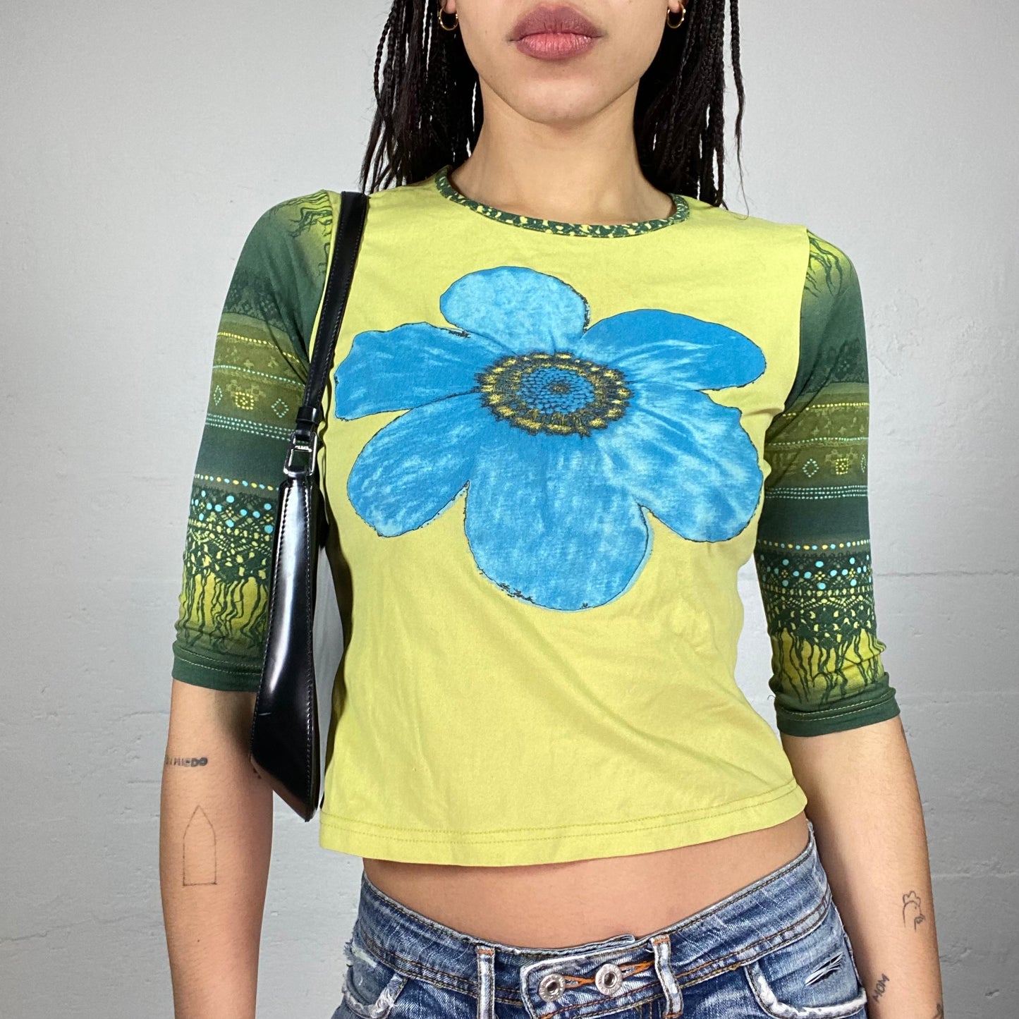 Vintage 90's Phoebe Buffay Yellow 3/4 Sleeve Top with Ethnic Print and Big Blue Flower Design (S)