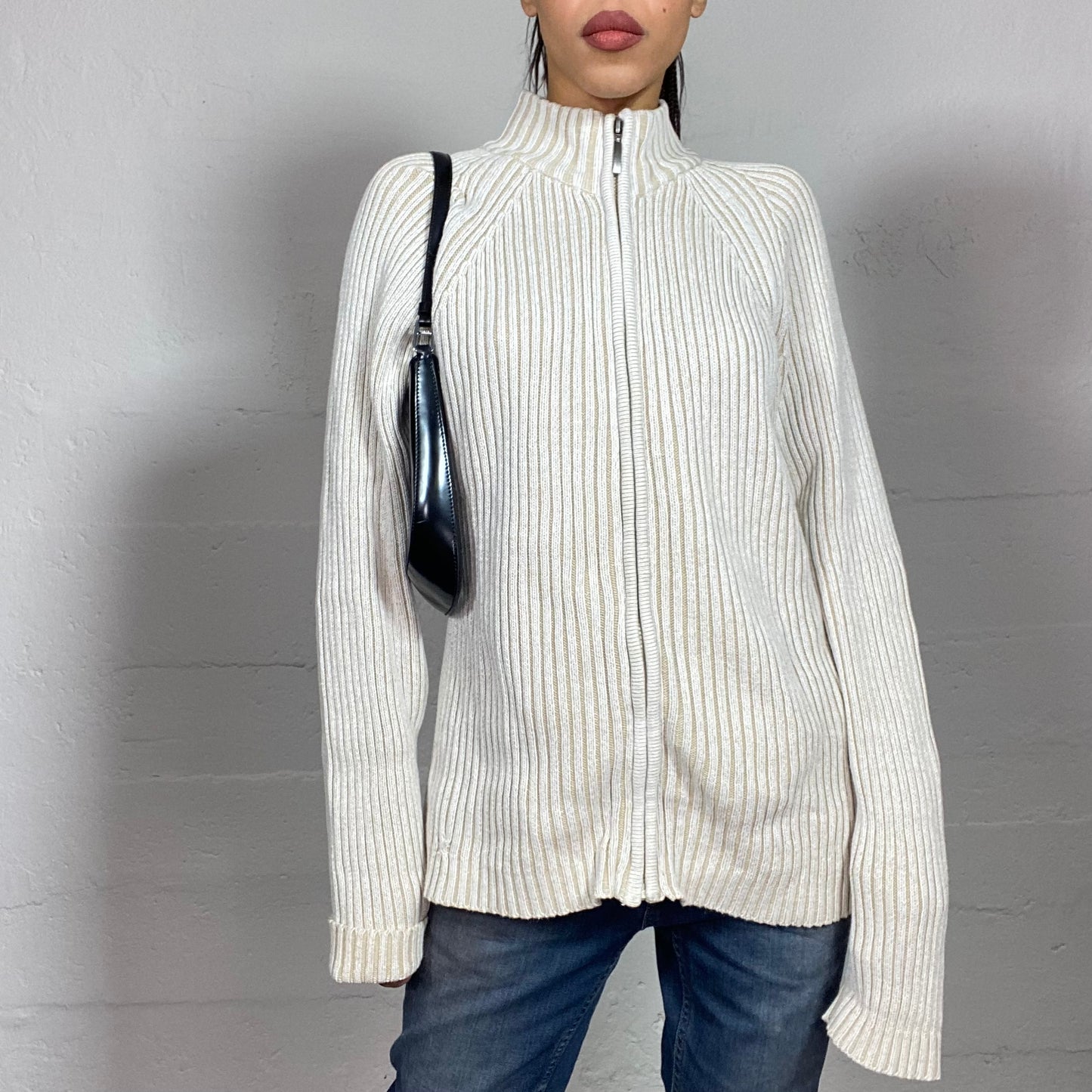 Vintage 90's Cyber Off White Knit Zip Up Sweater (L)