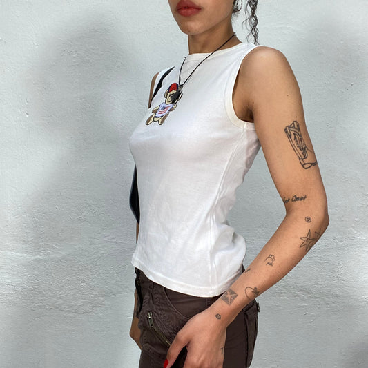 Vintage 90's Streetstyle White High Neck Tank Top with US Teddy Print (S)