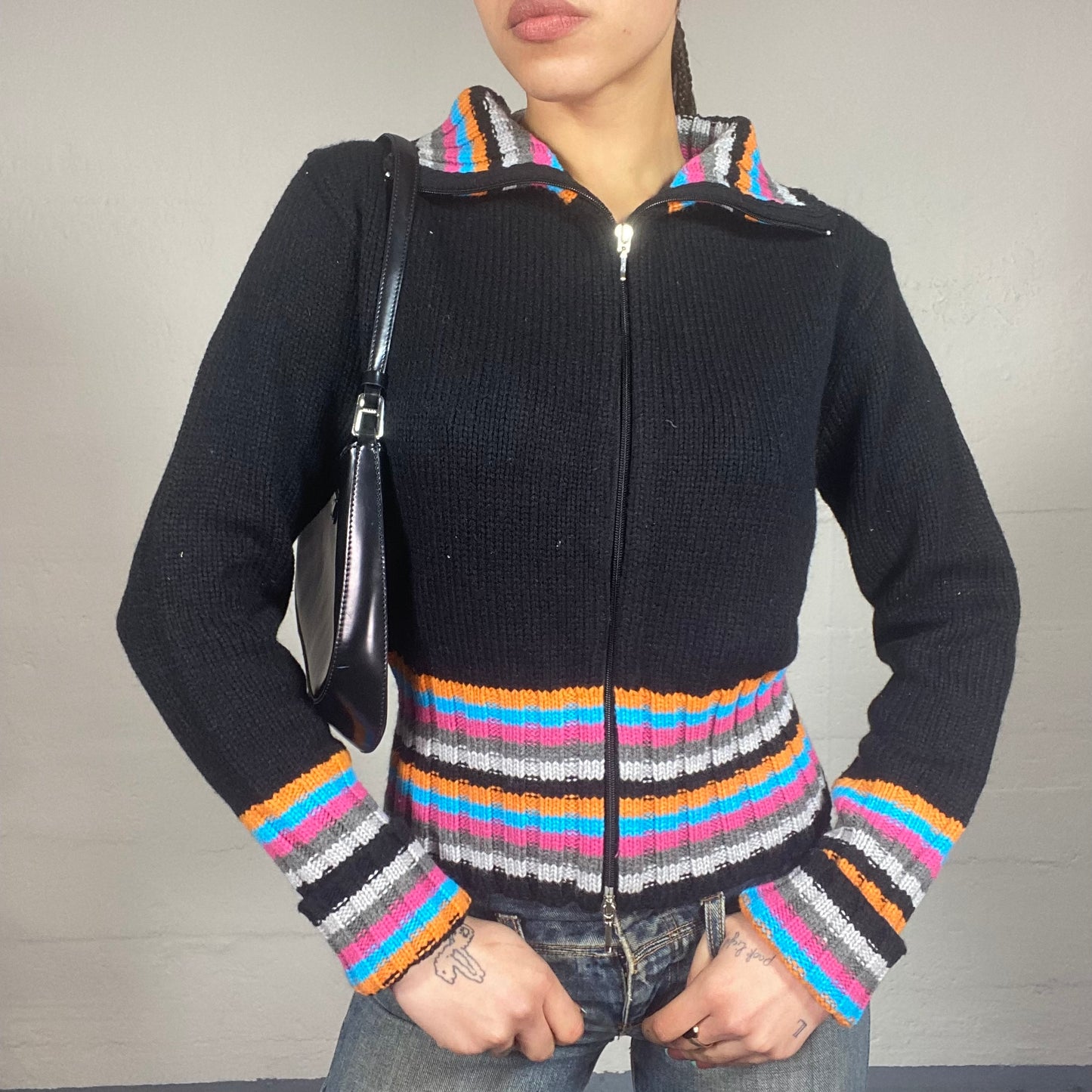 Vintage 2000's Downtown Girl Black Zip Up Knitted Hoodie with Multi Colour Stripes Trim Detail (S/M)