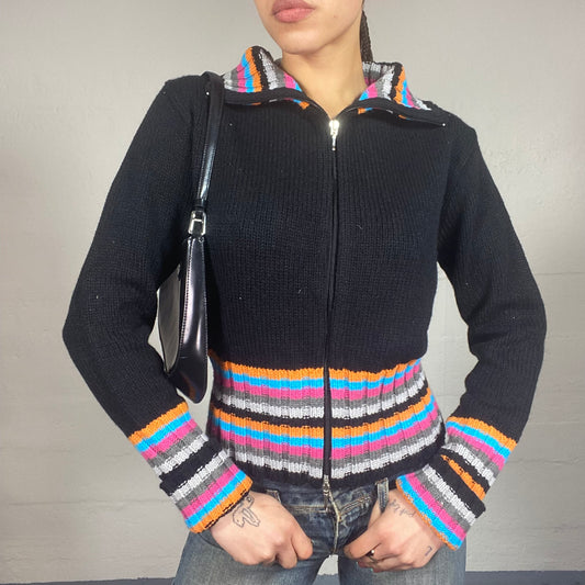 Vintage 2000's Downtown Girl Black Zip Up Knitted Hoodie with Multi Colour Stripes Trim Detail (S/M)