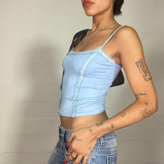 Vintage 90's Downtown Girl Baby Blue Cami Top with Lace Trim Detail (S)