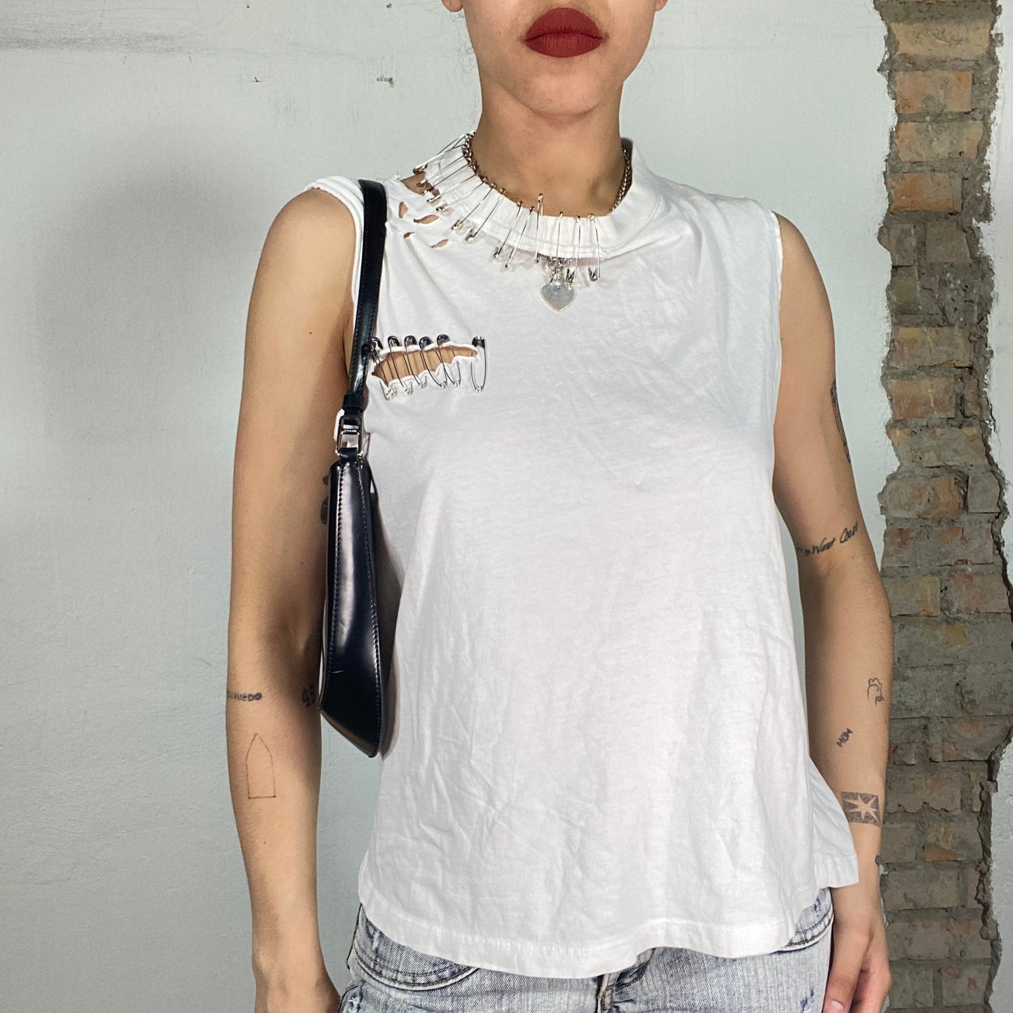 Vintage 90's Punk White Muscle Tee with Cuts and Safety Pin Details (S)