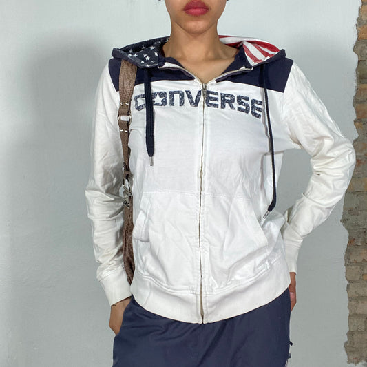 Vintage 90's Converse White Zip Up Sweater with Navy Shoulders (M)