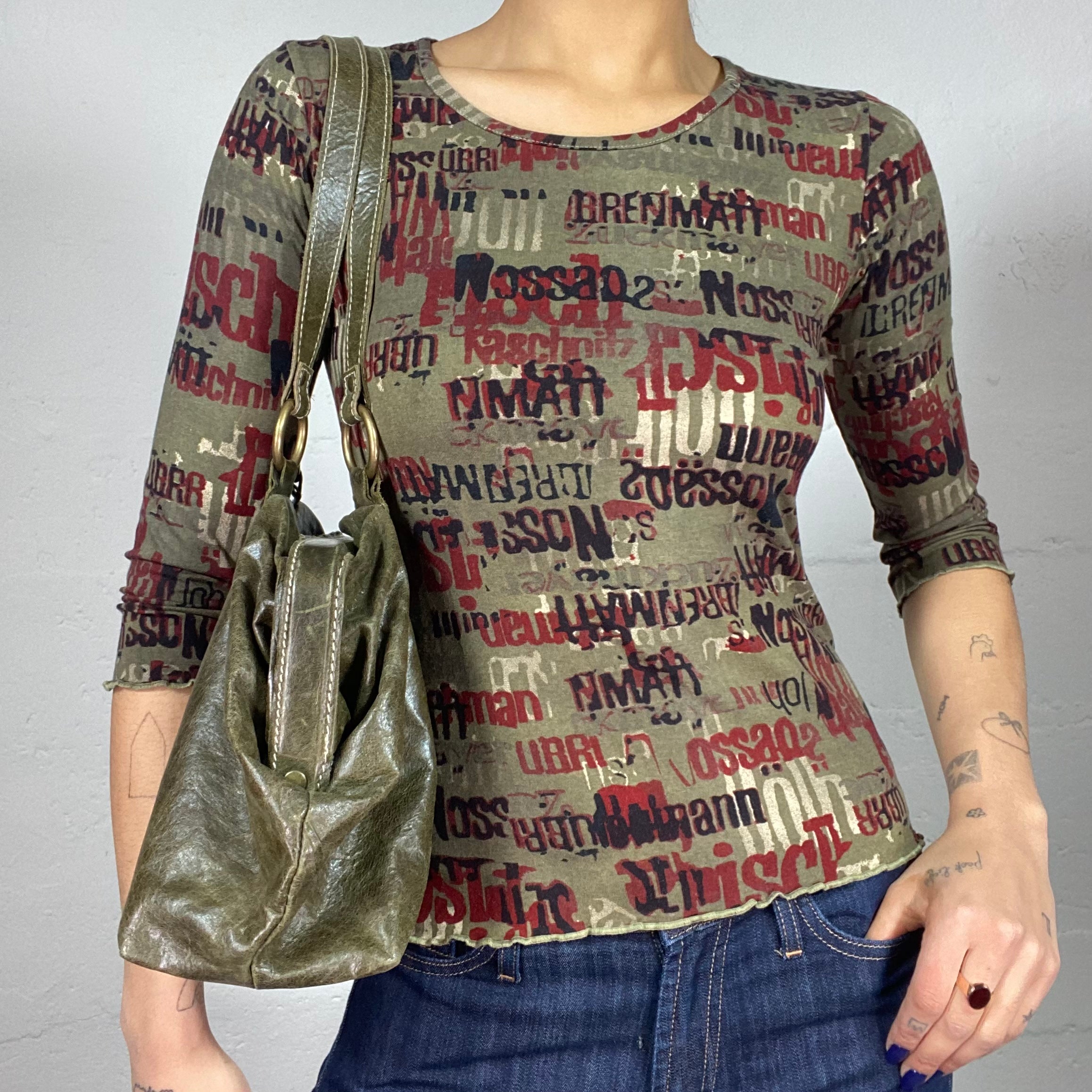 Vintage 2000's Rave Khaki Longsleeve Top with Monogram Print (S ...