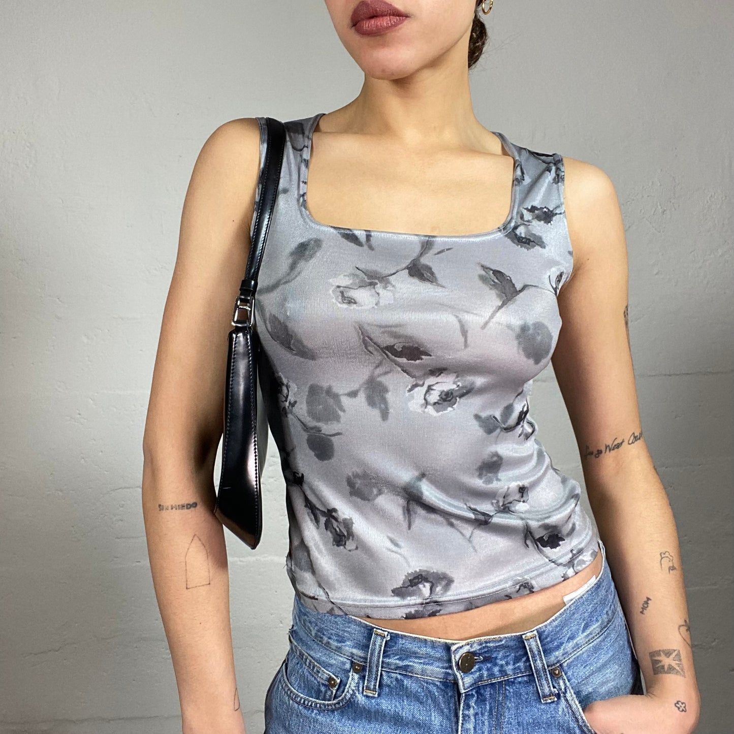 Vintage 2000's Romantic Girl Grey Square Neck Top with Roses Print (S)