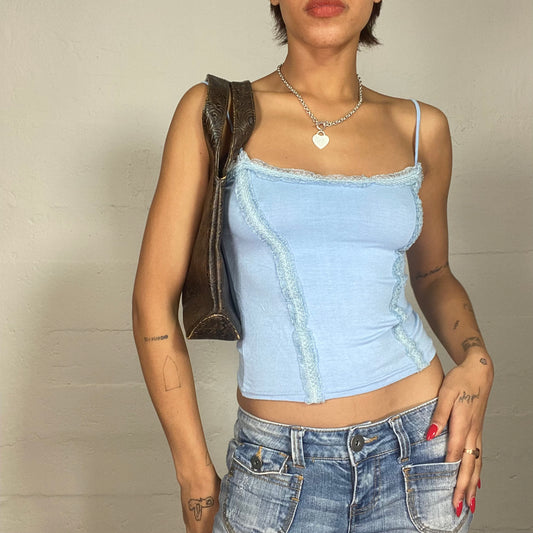 Vintage 90's Downtown Girl Baby Blue Cami Top with Lace Trim Detail (S)