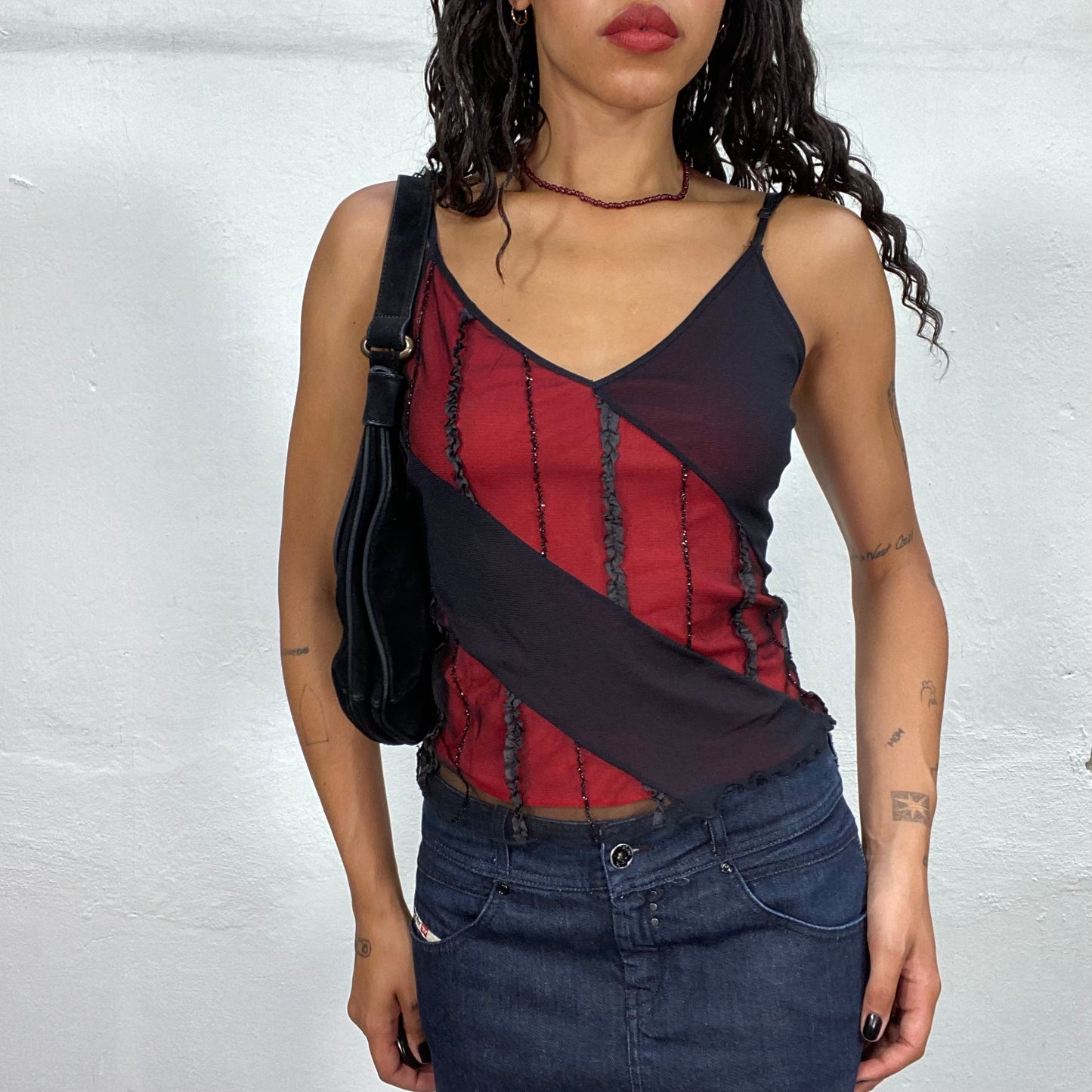 Vintage 90's Whimsgoth Black and Red Sheer Top with Shiny Material (S)