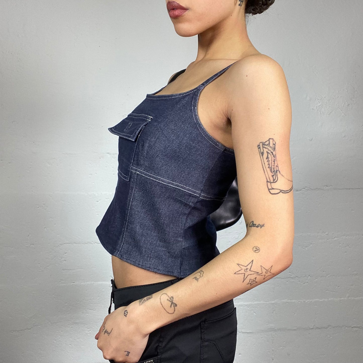 Vintage 90's Rave Blue Denim Top with Maxi Pocket Detail (S)