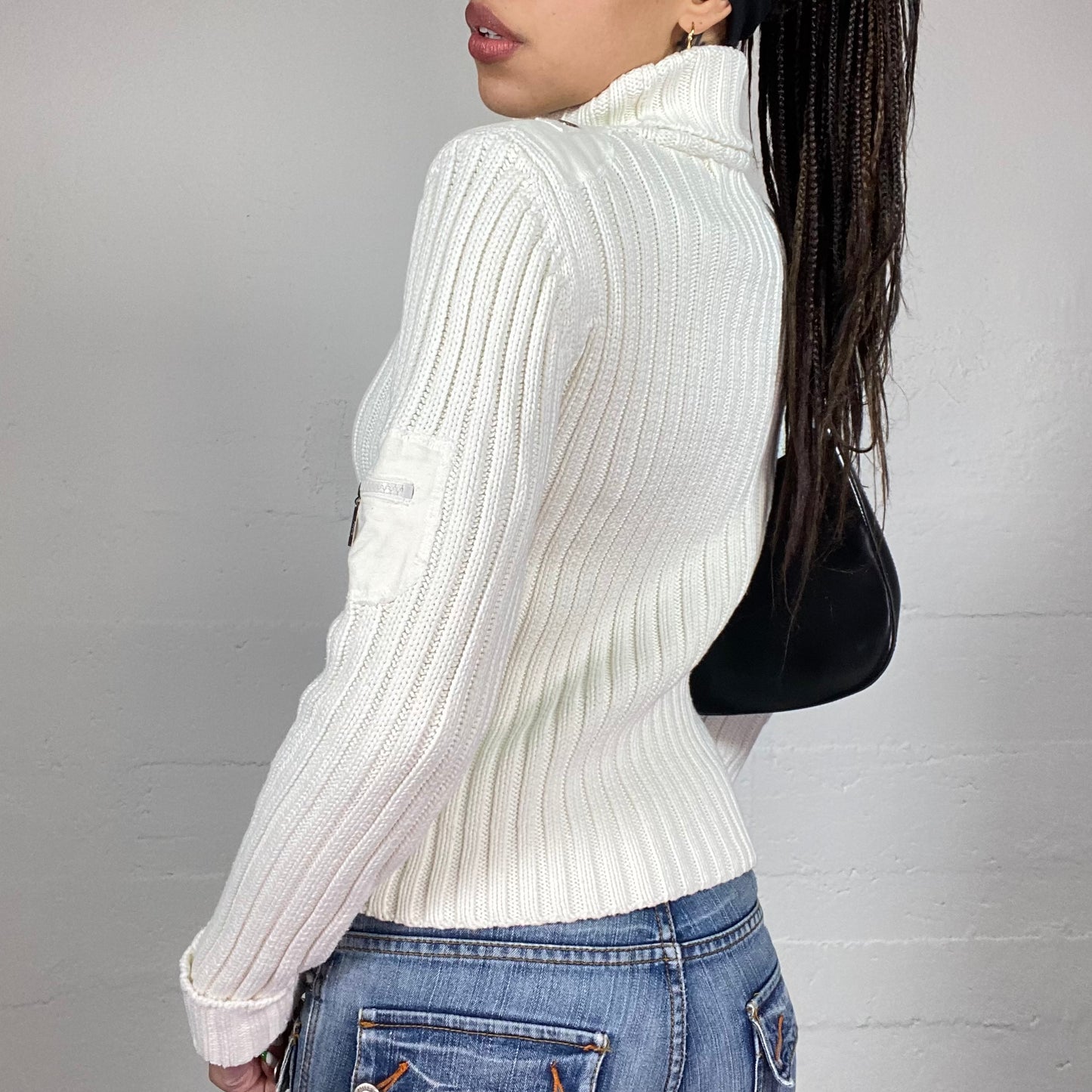 Vintage 2000's White Turtleneck Jumper With Patched Detail (S)