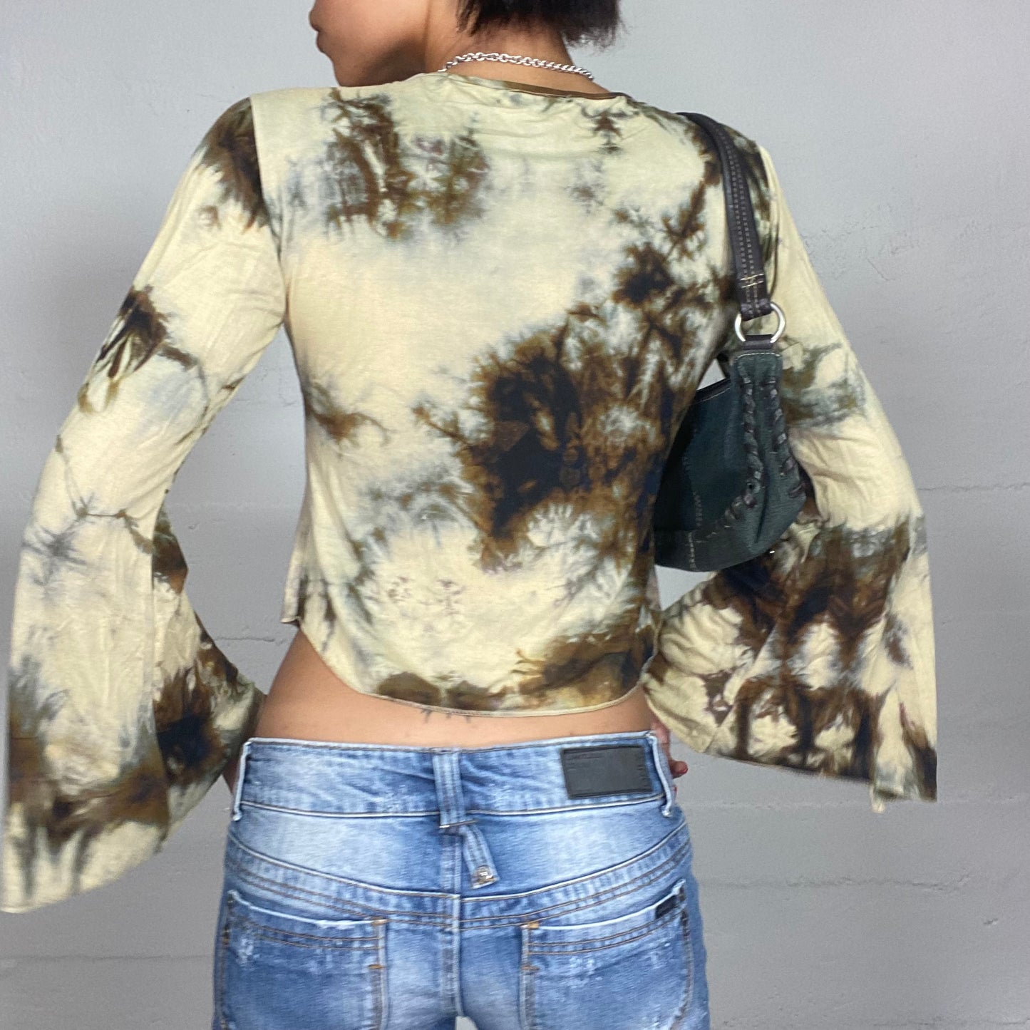 Vintage 90's Boho-Girl Beige Longsleeve Top with Brown Tie Dye Print (S/M)