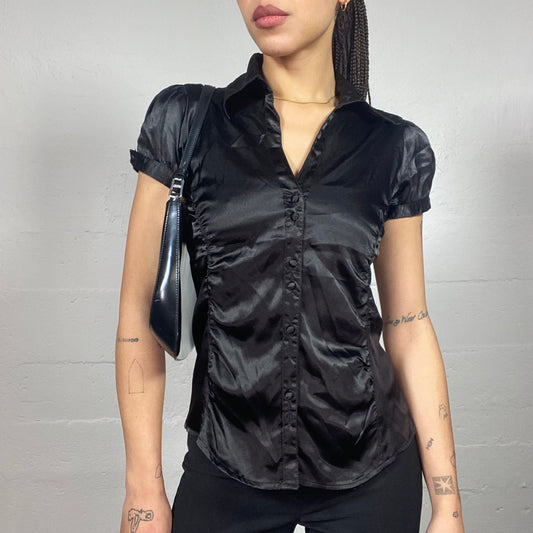 Vintage 90's Office Black Button Up Satin Blouse (S)