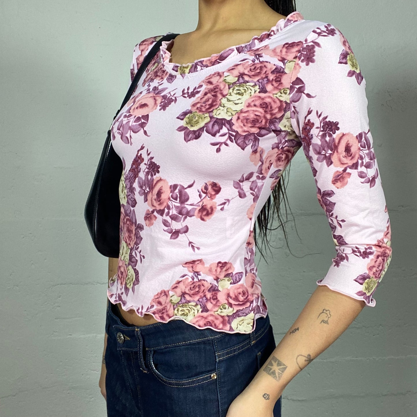 Vintage 90's Romantic Pink Longsleeve Top with Roses Print (S)