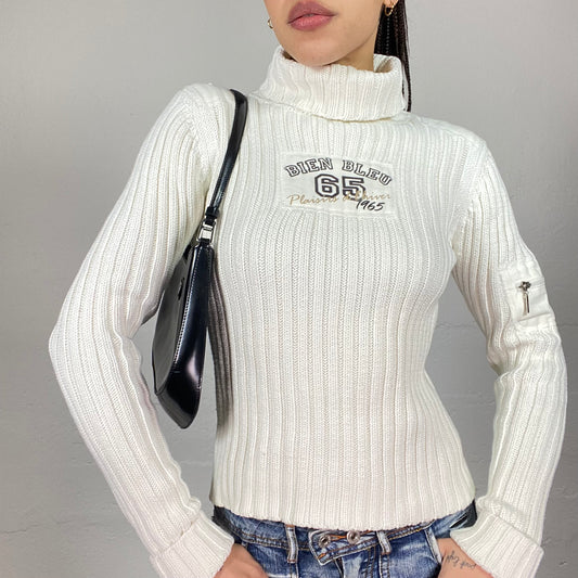 Vintage 2000's White Turtleneck Jumper With Patched Detail (S)