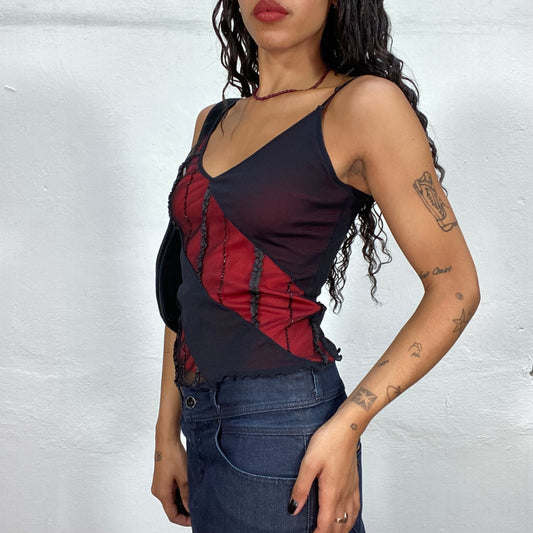 Vintage 90's Whimsgoth Black and Red Sheer Top with Shiny Material (S)