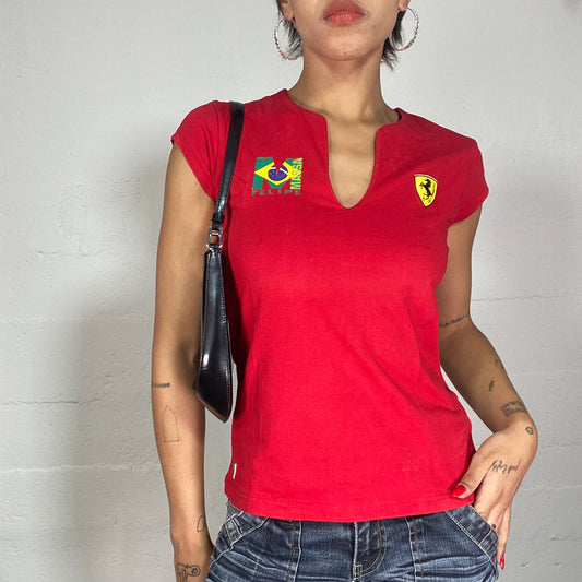 Vintage 2000's Ferrari Sporty Red Polo Top with Brazil and Brand Logo Print (S)