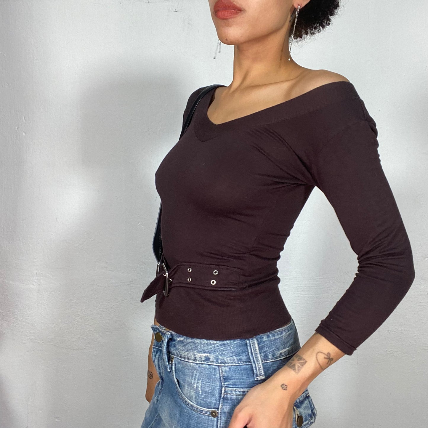 Vintage 90's Model Off Duty Brown Off Shoulder Top with Buckle Detail (S)