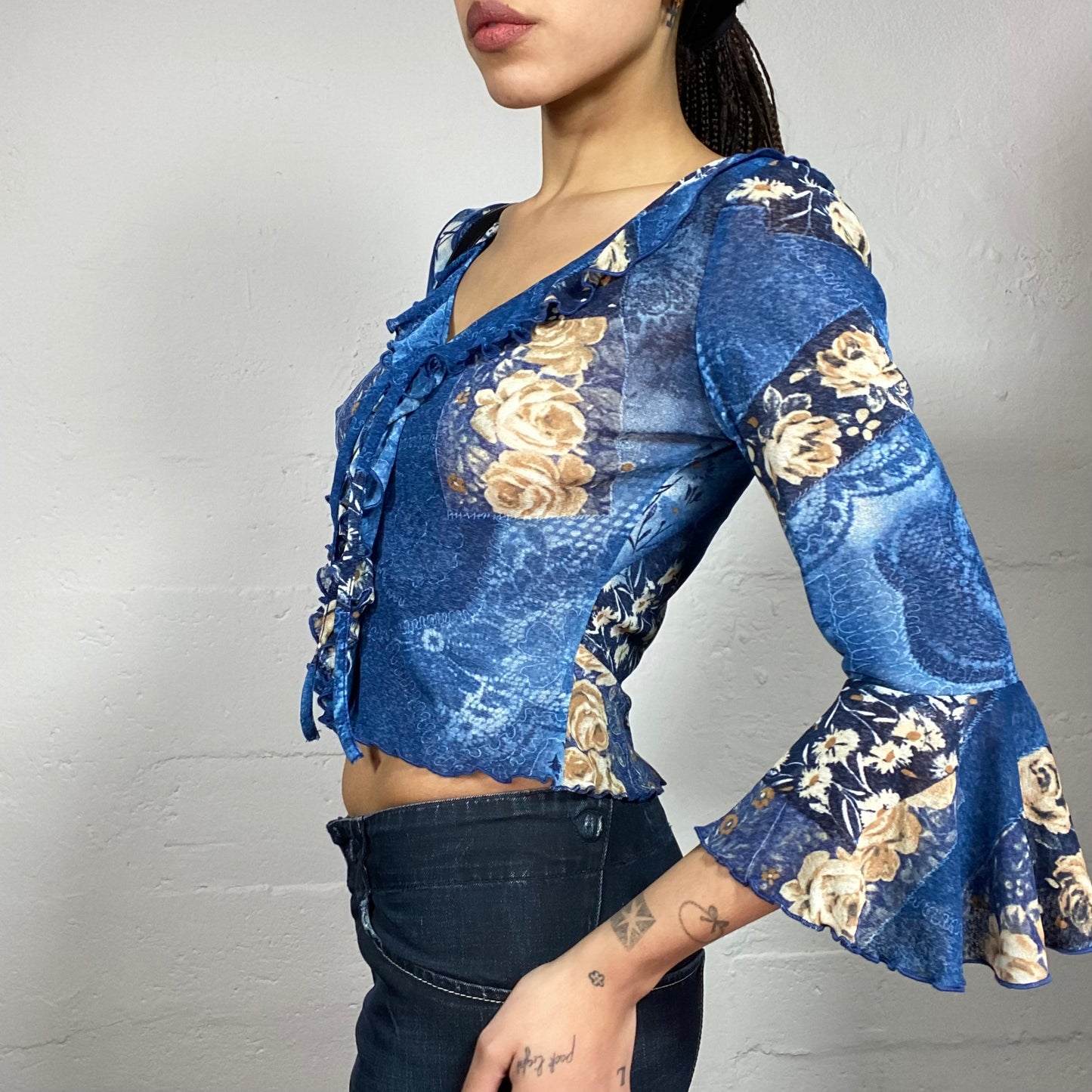 Vintage 2000's Downtown Girl Blue Longsleeve Top with Patched Floral Print and Frilled Collar Detail (S/M)