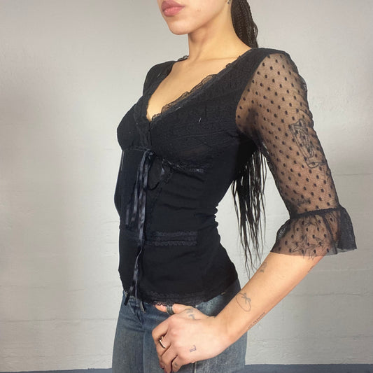 Vintage 2000's Romantic Black Longsleeve Lace Top with Mesh Sleeves Detail (S)