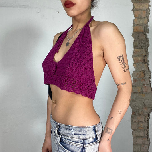 Vintage 90's Hippie Magenta Crochet Cropped Halter Neck Top (S/M)