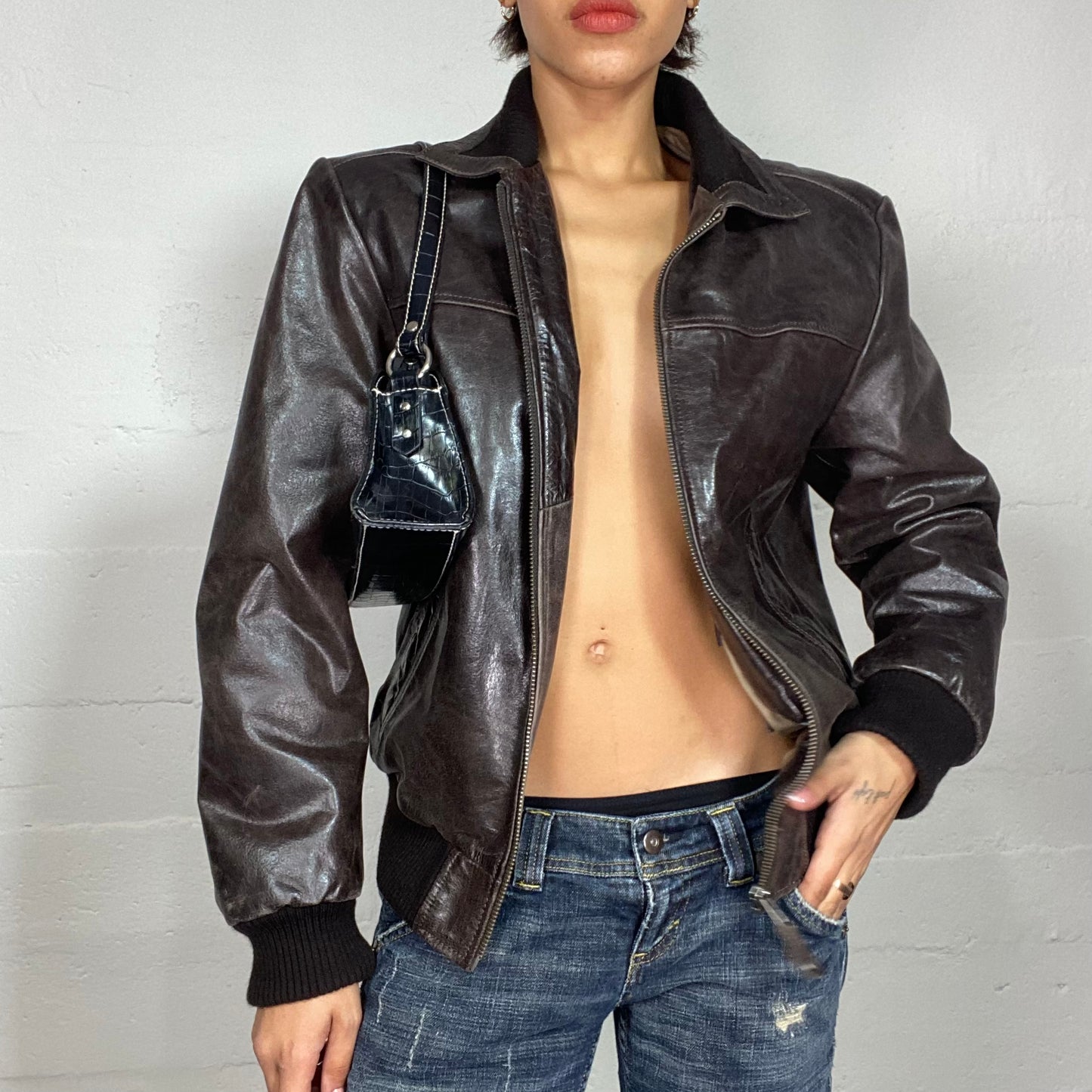 Vintage 90's Biker Brown Buffalo Leather Short Racer Jacket with Black Knitted Details (M/L)