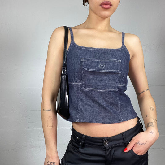 Vintage 90's Rave Blue Denim Top with Maxi Pocket Detail (S)