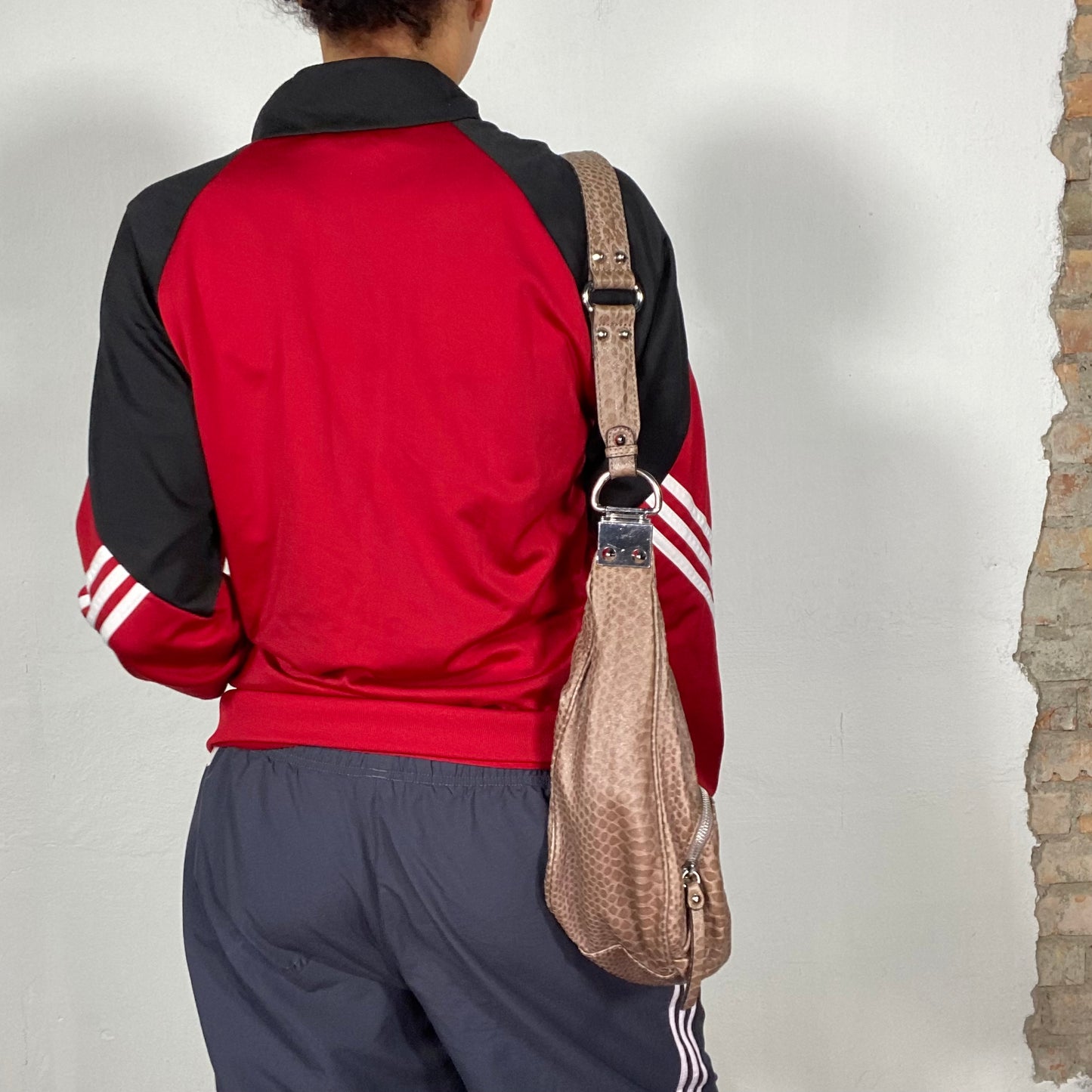 Vintage 90's Adidas Red Zip Up Sweater with White Stripes and Black Shoulders (M/L)