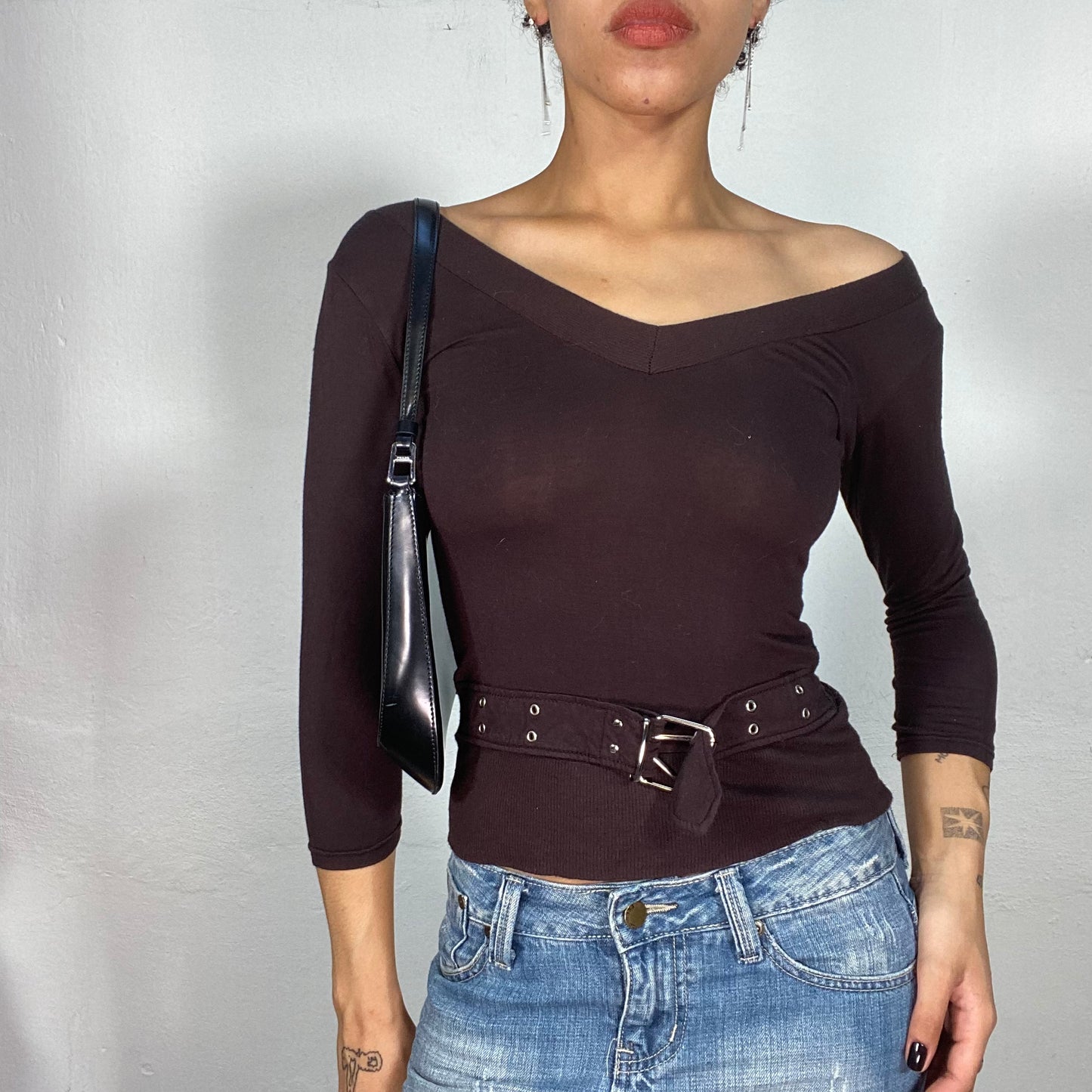 Vintage 90's Model Off Duty Brown Off Shoulder Top with Buckle Detail (S)