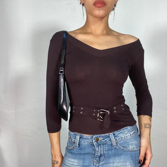 Vintage 90's Model Off Duty Brown Off Shoulder Top with Buckle Detail (S)