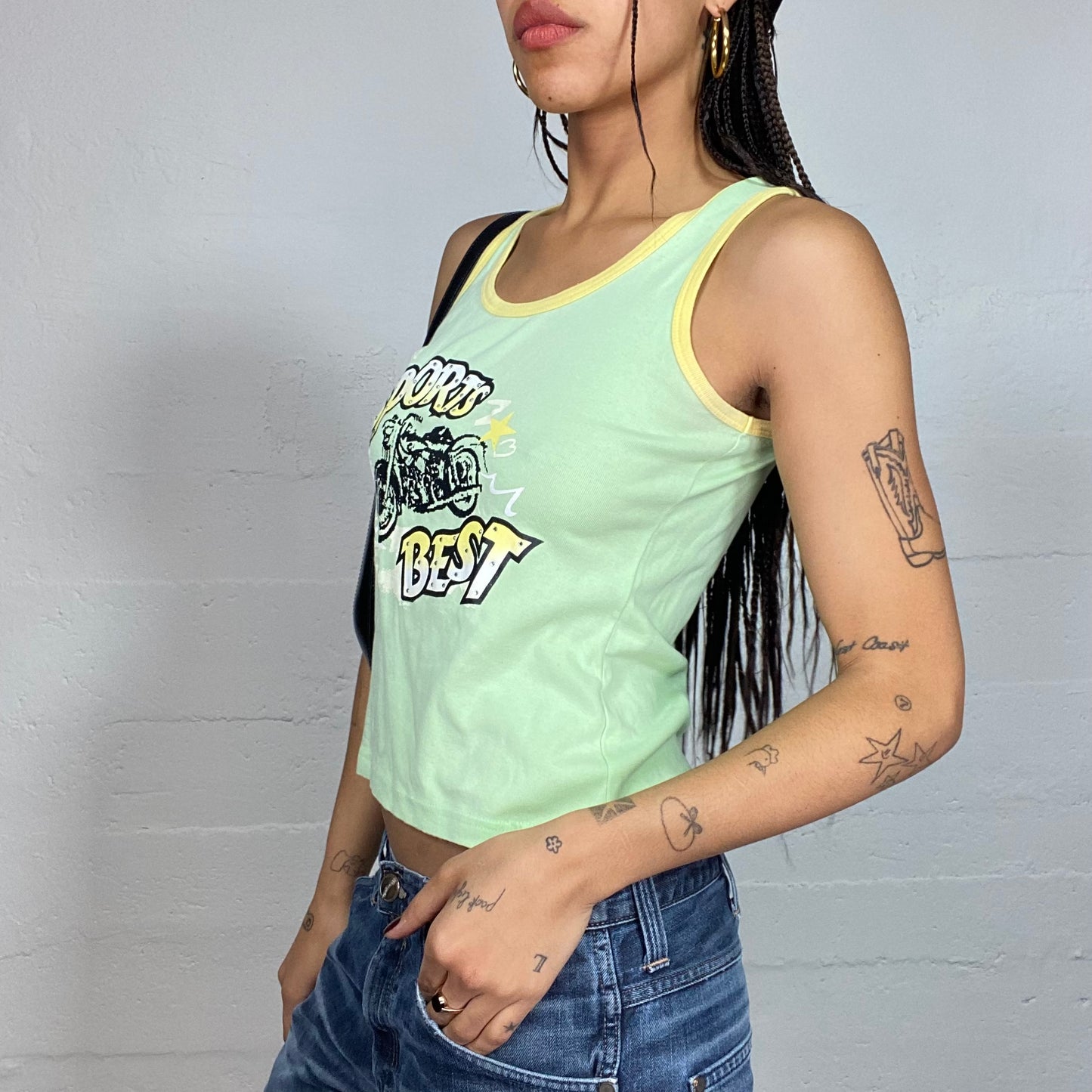 Vintage 2000's Sporty Green Top with Yellow Trim and Motorbike Print (S/M) mol o