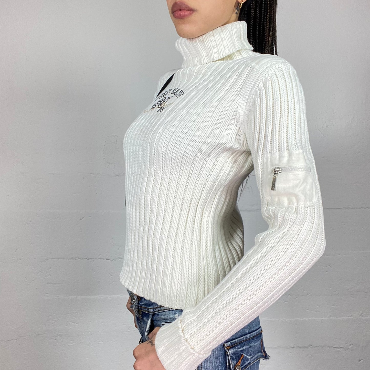 Vintage 2000's White Turtleneck Jumper With Patched Detail (S)