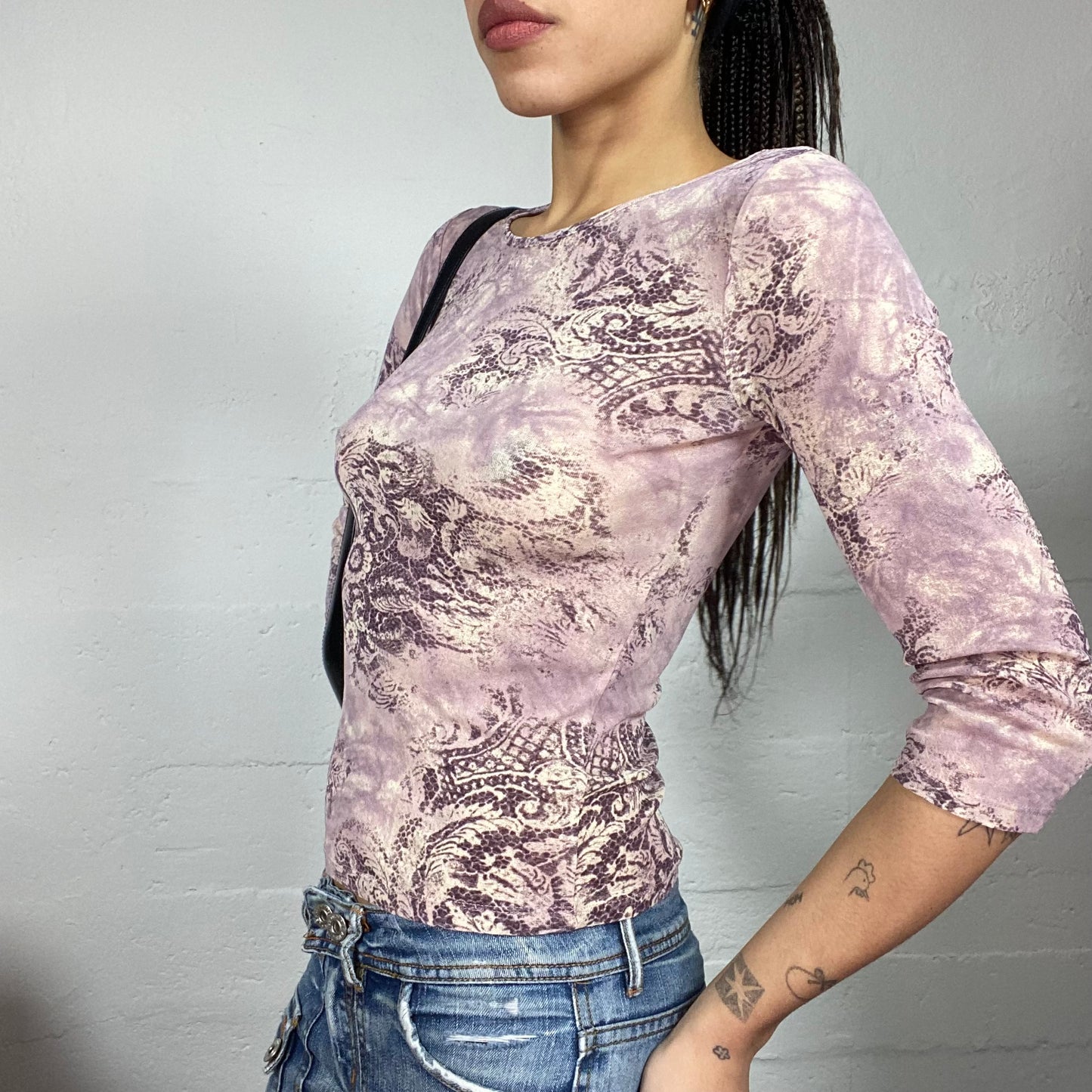 Vintage 90's College Girl Purple Tie Dye Longsleeve Top with Floral Print (S)