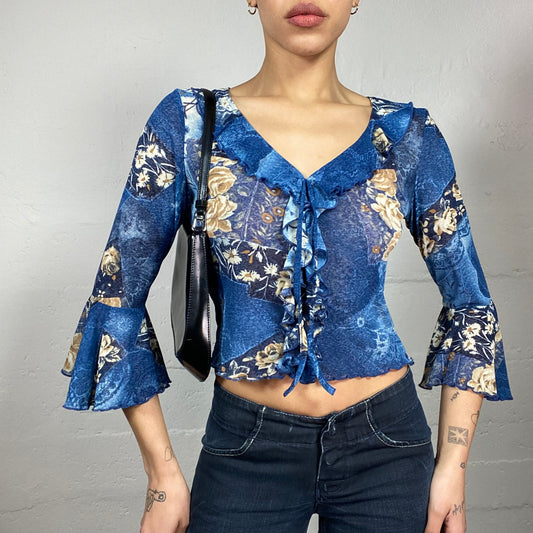 Vintage 2000's Downtown Girl Blue Longsleeve Top with Patched Floral Print and Frilled Collar Detail (S/M)