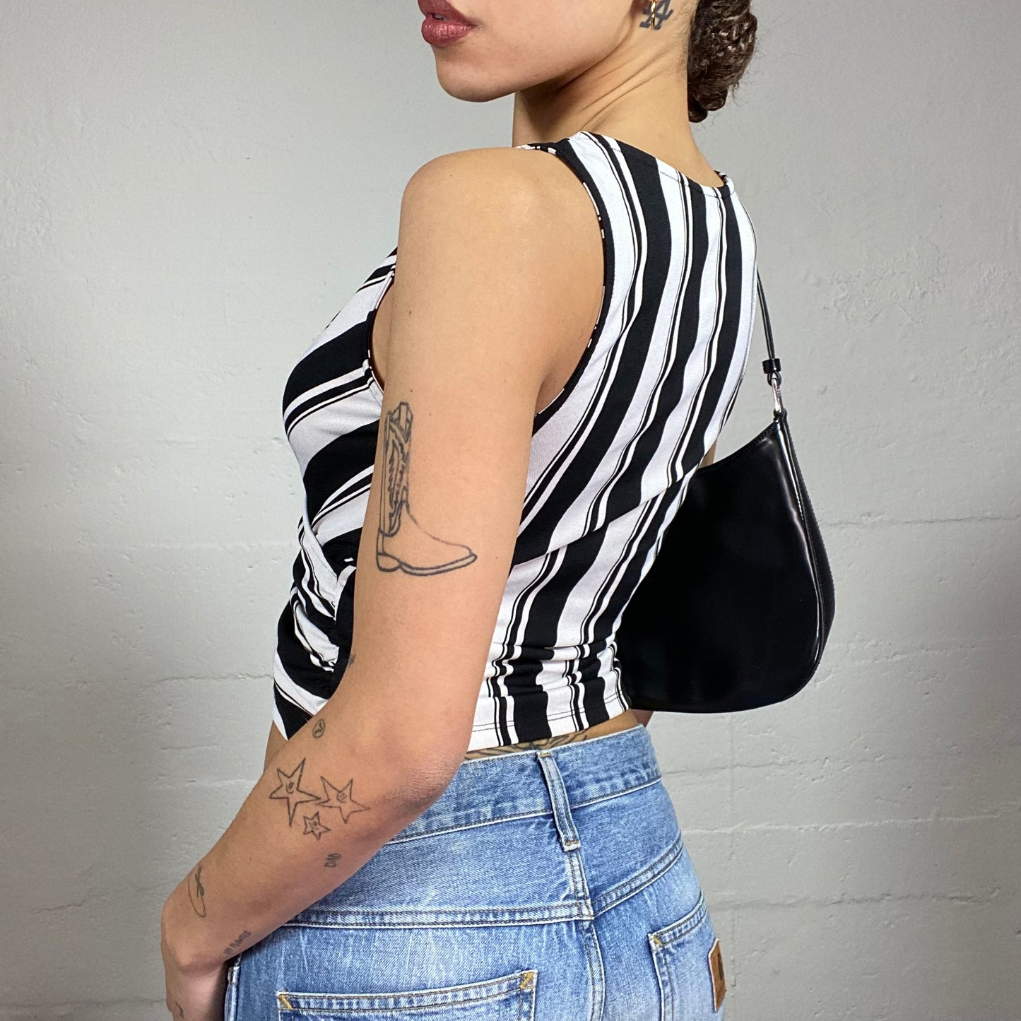 Vintage 2000's Downtown Girl Black & White Wrapped Top with Stripes Print (S)
