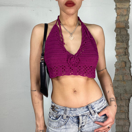 Vintage 90's Hippie Magenta Crochet Cropped Halter Neck Top (S/M)