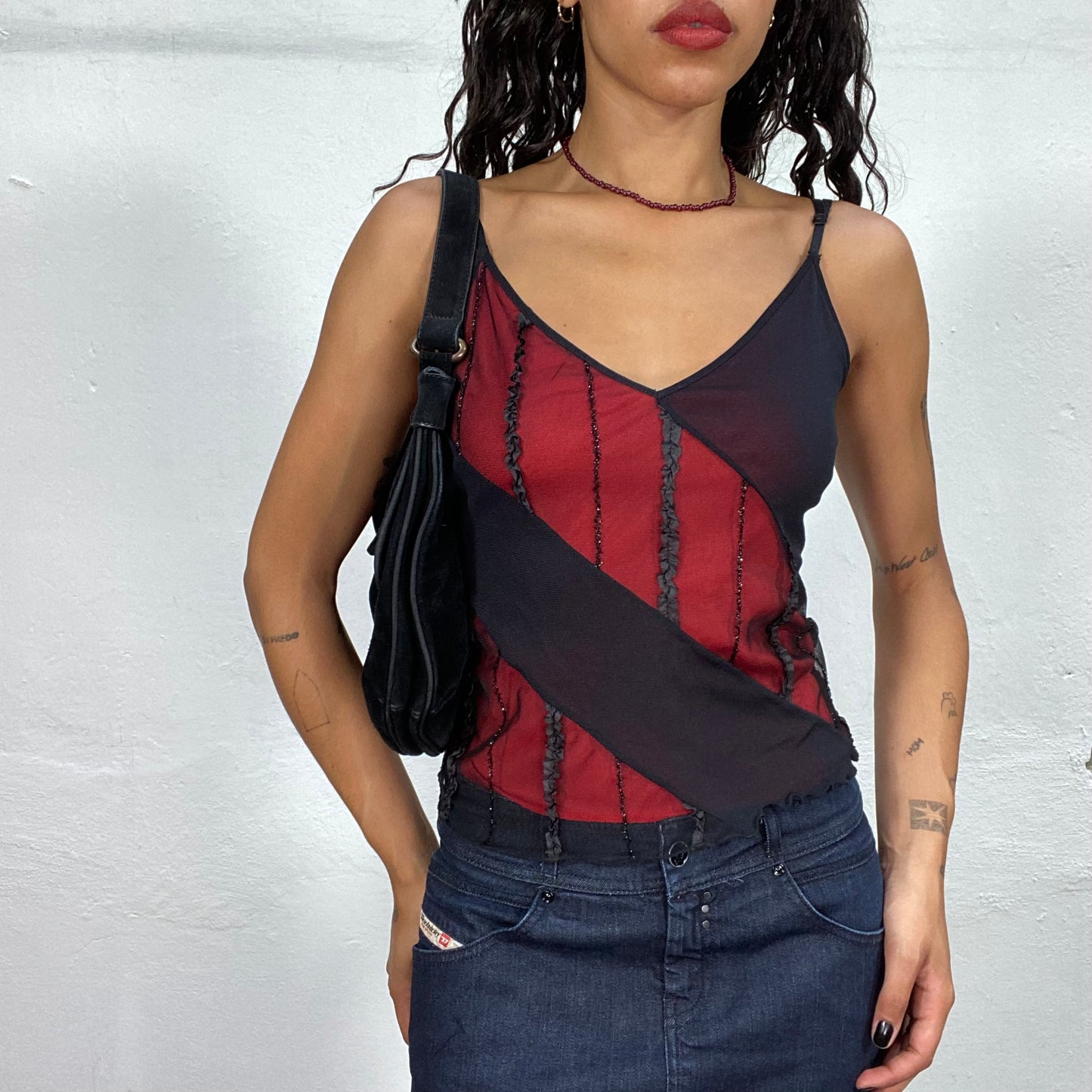 Vintage 90's Whimsgoth Black and Red Sheer Top with Shiny Material (S)