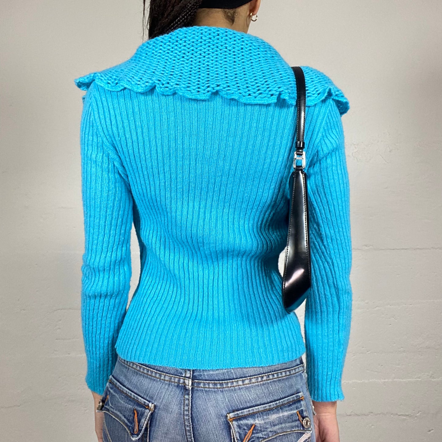 Vintage 2000's Blue Open Collar Jumper With Knitted Rosette Detail (S)