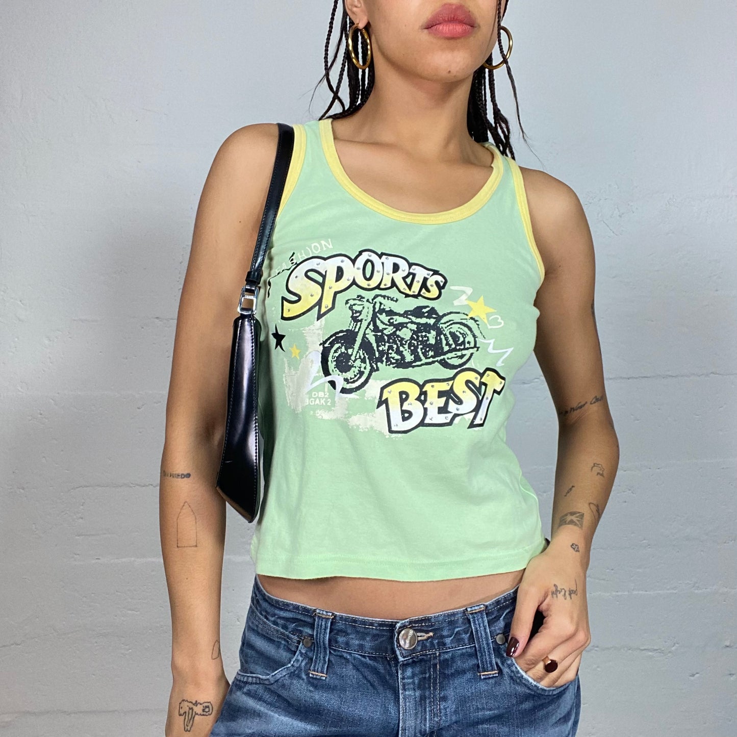 Vintage 2000's Sporty Green Top with Yellow Trim and Motorbike Print (S/M) mol o