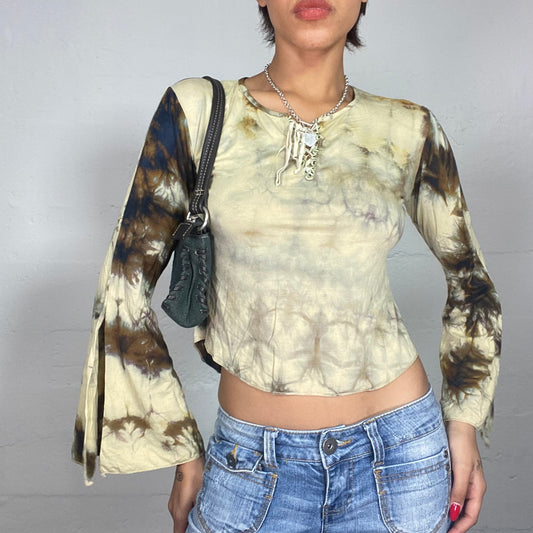 Vintage 90's Boho-Girl Beige Longsleeve Top with Brown Tie Dye Print (S/M)