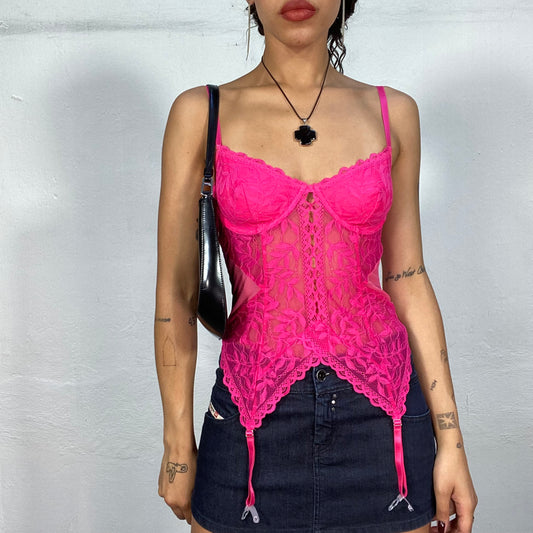 Vintage 2000's Coquette Hot Pink Lace Corset Top (S)