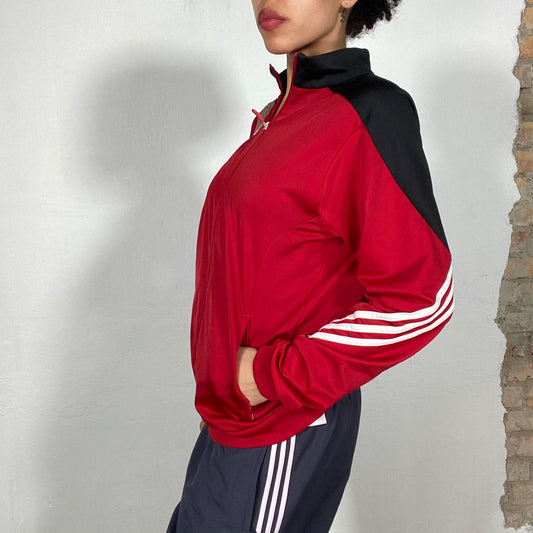 Vintage 90's Adidas Red Zip Up Sweater with White Stripes and Black Shoulders (M/L)