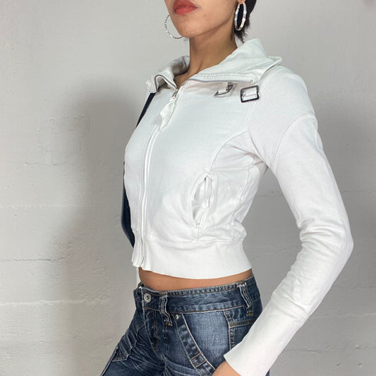 Vintage 2000's Sporty White Zip Up Sweater with Buckle Details (S)