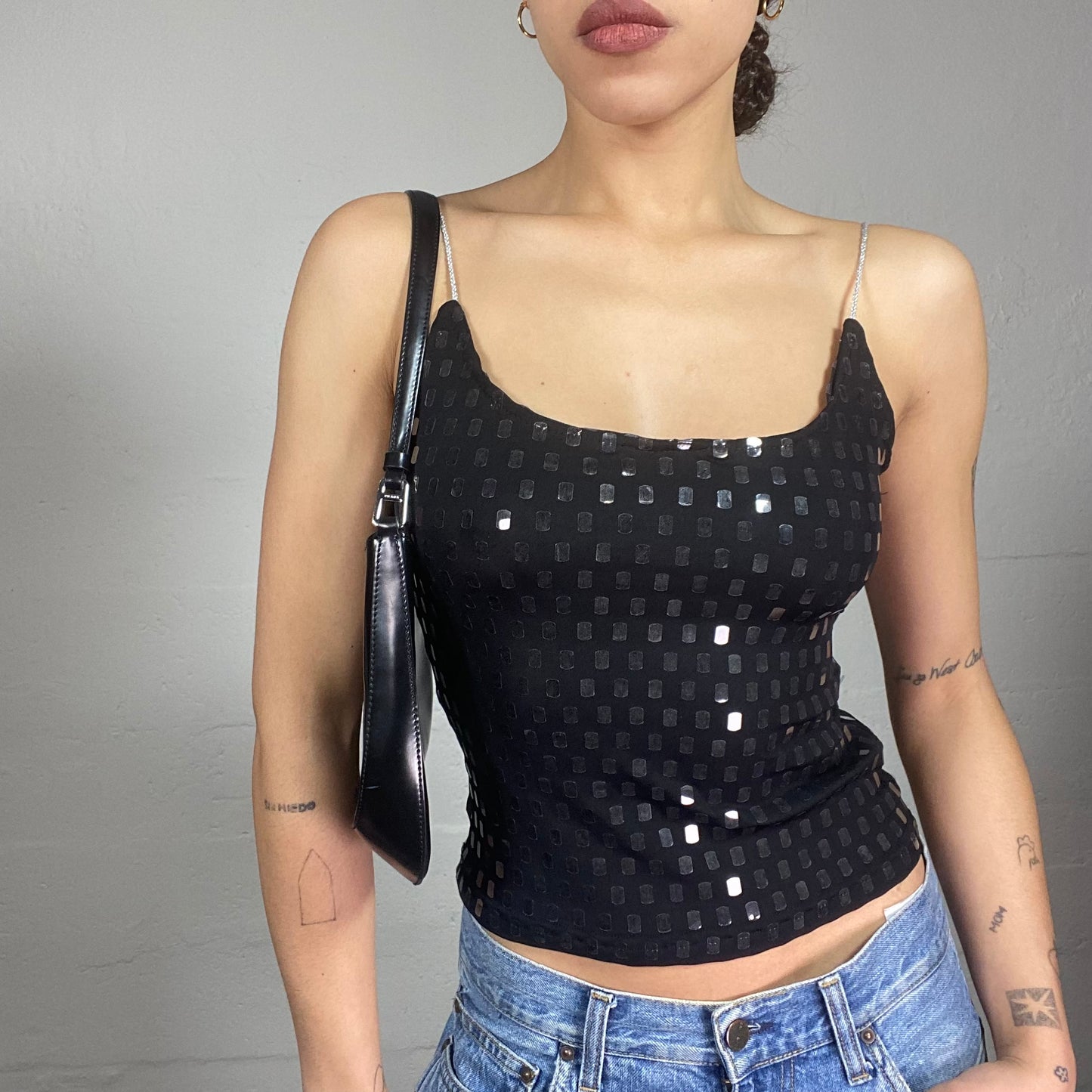Vintage 2000's Clubwear Black Top with Square Sequins Covwering Detail (S/M)