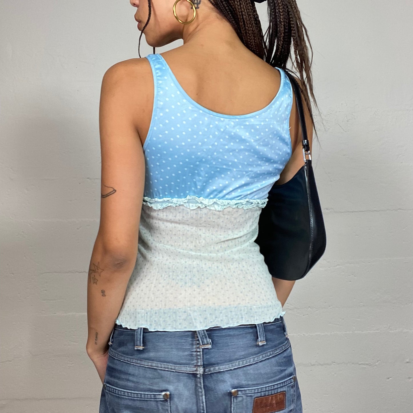 Vintage 2000's Babydoll Blue Polka Dots Top with Mesh Bottom Part (S/M)