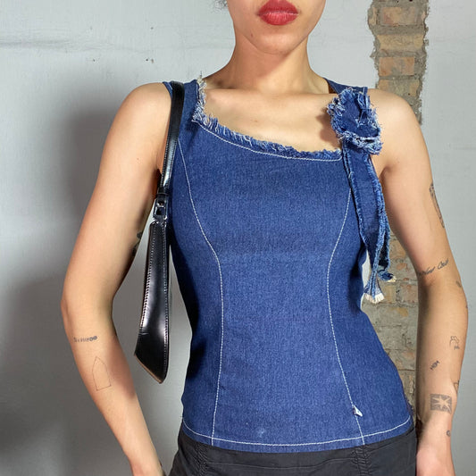 Vintage 2000's Morgan De Toi Denim Top with Raw Hem and Flower Detail (S)