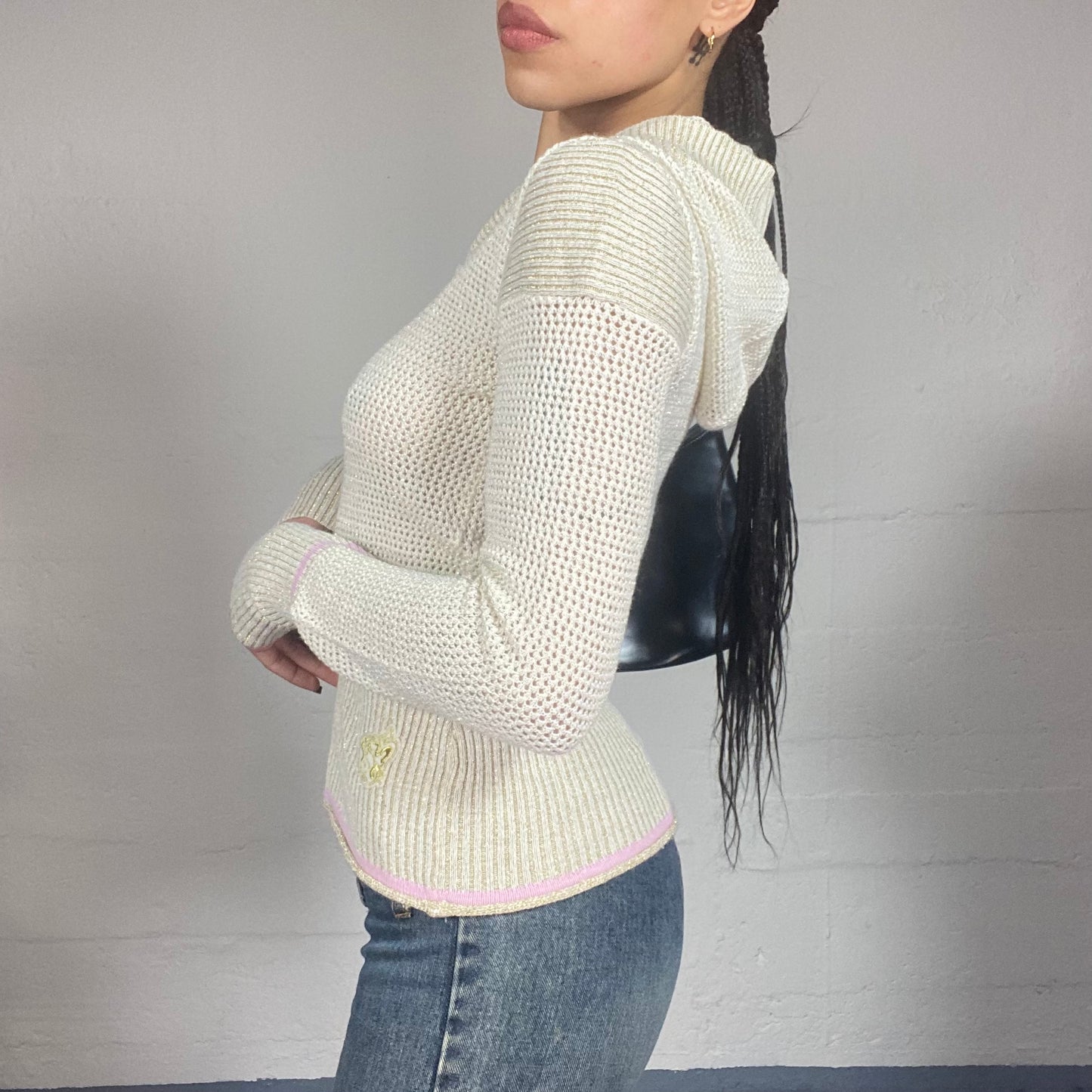 Vintage 2000's Downtown Girl Beige Zip Up Knitted Hoodie with Pink Trim Detail (S/M)