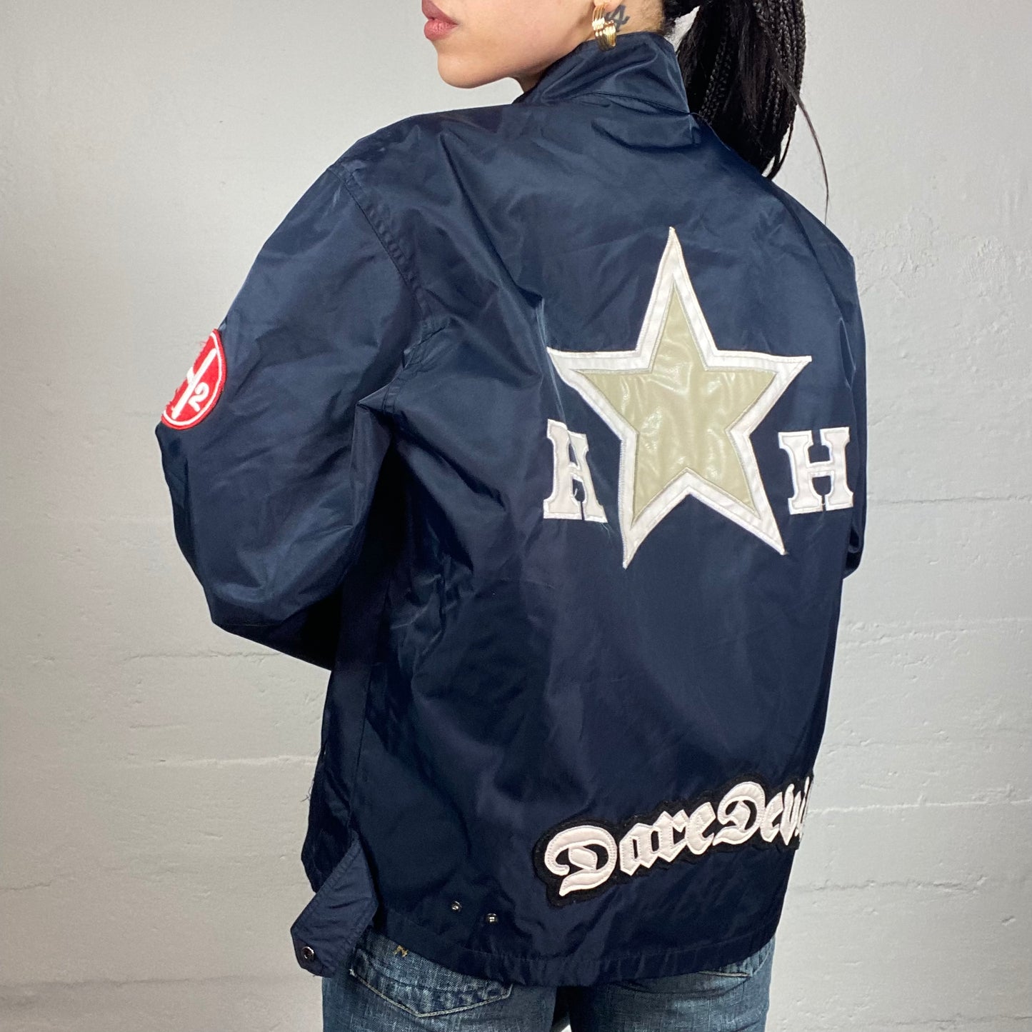 Vintage 90's Harrison Sporty Short Oversized Biker Jacket with Multiple Patches Covering (L)