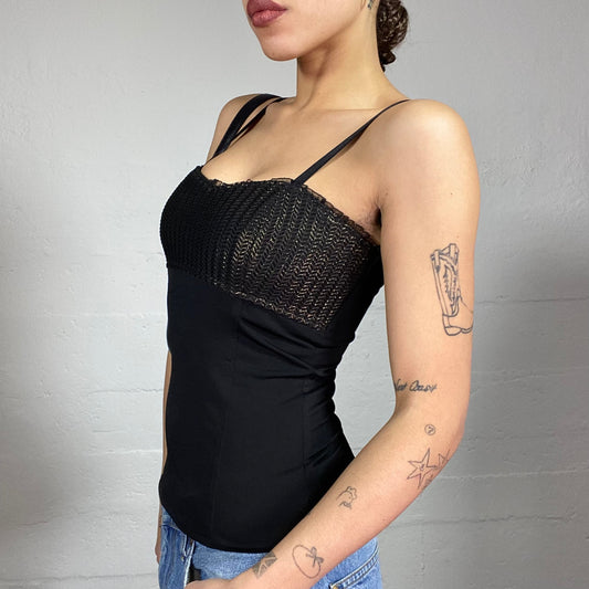 Vintage 2000's Romantic Girl Black Top with Gold Knitted Chest Work Detail (S)