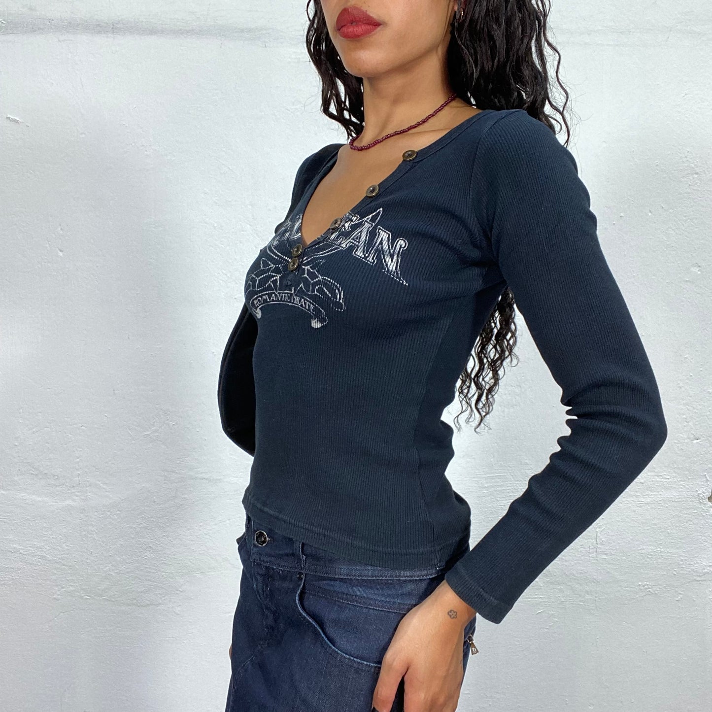 Vintage 90's Downtown Girl Blue Longsleeve Top with Print and Button Up Neckline (S/M)